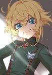  &gt;:) 1girl ahoge badge blonde_hair blue_eyes buttons closed_mouth eyebrows_visible_through_hair gem green_jacket grin head_tilt highres insignia jacket long_sleeves looking_at_viewer military military_jacket military_uniform sekina shaded_face short_hair smile smug solo tanya_degurechaff turtleneck uniform upper_body youjo_senki 