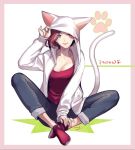  1girl ;&gt; amg_(nwmnmllf) animal_hood blue_eyes breasts cat_day cat_hood cat_tail cleavage denim hood hoodie indian_style jeans mila_babicheva one_eye_closed open_clothes open_hoodie pants paw_print redhead sitting smile tail yuri!!!_on_ice 