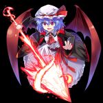  1girl :d bat_wings black_background black_coat blouse blue_hair brooch claw_pose coat commentary_request cravat e.o. fangs fingernails hat hat_ribbon holding jewelry looking_at_viewer mob_cap open_clothes open_coat open_mouth overcoat red_eyes remilia_scarlet ribbon sash short_hair simple_background skirt skirt_set smile solo spear_the_gungnir touhou white_blouse white_skirt wings 