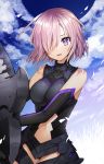  1girl :d armor armored_dress bangs black_gloves blue_sky blush breasts clouds cloudy_sky cowboy_shot elbow_gloves fate/grand_order fate_(series) gambe gloves hair_over_one_eye highres holding holding_shield large_breasts looking_at_viewer navel navel_cutout open_mouth outdoors purple_gloves purple_hair shield shielder_(fate/grand_order) short_hair sky smile solo tsurime violet_eyes 