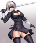  artist_name artist_signature back_cutout black_dress black_hairband blindfold breasts cleavage cleavage_cutout dress feather-trimmed_sleeves gloves gluteal_fold gradient gradient_background grigorart hairband large_breasts leotard long_sleeves mole mole_under_mouth nier_(series) nier_automata silver_hair thigh-highs thighs weapon white_leotard yorha_no._2_type_b 