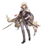  1boy armor blonde_hair cloak full_body granblue_fantasy green_eyes highres hood japanese_armor katana kote male_focus minaba_hideo necktie official_art pants sheath sword torn_clothes torn_pants touken_ranbu transparent_background weapon yamanbagiri_kunihiro 