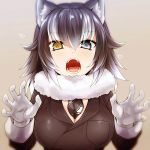 1girl animal_ears black_hair blue_eyes commentary_request eyebrows_visible_through_hair fangs fur_collar gloves grey_wolf_(kemono_friends) heart heterochromia highres kemono_friends long_hair long_sleeves looking_at_viewer multicolored_hair necktie open_mouth simple_background solo two-tone_hair upper_body watarui white_gloves white_hair wolf_ears yellow_eyes 