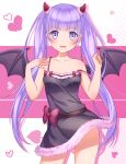  1girl :d black_dress black_wings blush bow breasts collarbone contrapposto cowboy_shot demon_wongs dress eyebrows_visible_through_hair heart horns long_hair new_game! off_shoulder open_mouth purple_bow purple_hair short_dress sleeveless sleeveless_dress small_breasts smile solo standing suzukaze_aoba twintails very_long_hair violet_eyes wings yukise_akito 