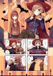  2girls 4koma :d ;q absurdres anger_vein bat black_legwear blonde_hair blue_eyes boots breast_grab breasts brown_hair candy cape closed_eyes clothes_writing comic commentary_request cross denim food food_fight glowing glowing_eye grabbing grabbing_from_behind grin hair_over_shoulder hair_ribbon hairband halloween halloween_costume hat highres jack-o&#039;-lantern jacket jeans long_hair long_sleeves low_twintails medium_breasts motion_lines multiple_girls one_eye_closed open_mouth original outstretched_arms pants pantyhose pie pumpkin red_ribbon ribbon shaded_face short_hair short_ponytail shorts smile teeth tongue tongue_out translation_request tsuchikure twintails witch_hat yellow_eyes 