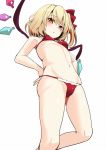  1girl :o amisu arm_at_side bangs bare_arms bare_legs bikini blonde_hair breasts flandre_scarlet from_below hair_ribbon looking_at_viewer navel red_bikini red_eyes red_ribbon ribbon simple_background small_breasts solo stomach swimsuit touhou white_background wings 