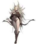  1girl archery arrow blonde_hair boots bow_(weapon) breasts cape cleavage contrapposto elf feathers gloves green_eyes highres leather leather_gloves lee_do_kyung leg_up looking_at_viewer original panties pointy_ears quiver simple_background solo underwear weapon 