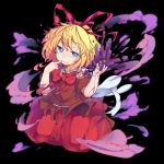  1girl bangs black_background blonde_hair blue_eyes bow bowtie closed_mouth commentary_request eyebrows_visible_through_hair finger_to_mouth furorina hair_ribbon highres looking_at_viewer medicine_melancholy poison red_bow red_bowtie red_ribbon red_skirt ribbon shaded_face short_hair short_sleeves simple_background skirt smile solo touhou 