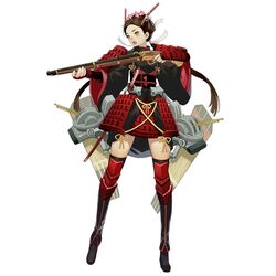  1girl armor full_body gun hiryuu_(victory_belles) japanese_armor musket official_art open_mouth salmon88 simple_background solo tagme victory_belles weapon white_background 