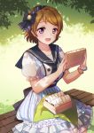  1girl blush bracelet breasts brown_hair emia_wang eyebrows_visible_through_hair highres jewelry koizumi_hanayo large_breasts looking_at_viewer love_live! love_live!_school_idol_project open_mouth puffy_short_sleeves puffy_sleeves short_hair short_sleeves sitting smile solo violet_eyes 