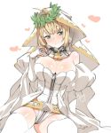  1girl belt blonde_hair blush breasts bridal_veil chain_necklace cleavage detached_sleeves elbow_gloves fate/grand_order fate_(series) gloves green_eyes heart large_breasts laurel_crown leotard lock nero_claudius_(bride) rkrk saber_bride saber_extra thigh-highs veil 