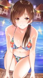  1girl anza_tomo arm_support bangs bikini blurry blurry_background breasts brown_eyes brown_hair cleavage collarbone cowboy_shot depth_of_field eyebrows_visible_through_hair floral_print hair_ornament hair_over_shoulder hair_scrunchie highres idolmaster idolmaster_cinderella_girls idolmaster_cinderella_girls_starlight_stage long_hair looking_at_viewer medium_breasts navel nitta_minami parted_lips ponytail pool scrunchie side-tie_bikini smile solo standing swept_bangs swimsuit teeth water 