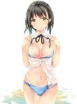  1girl artist_name bangs bikini black_hair black_ribbon blush closed_mouth cowboy_shot head_tilt hips looking_at_viewer navel original partially_unbuttoned ribbon see-through shirt short_hair sidelocks signature smile solo suihi swimsuit tareme unbuttoned unbuttoned_shirt wet wet_clothes wet_shirt white_shirt yellow_eyes 