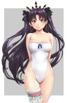  1girl black_hair casual_one-piece_swimsuit dorobuton_mannendoko earrings fate/grand_order fate_(series) highleg highleg_swimsuit highres hoop_earrings ishtar_(fate/grand_order) jewelry long_hair one-piece_swimsuit red_eyes smile solo standing strapless strapless_swimsuit swimsuit thigh_strap tohsaka_rin twintails two_side_up white_swimsuit 