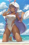 1girl absurdres animal_ears bangs bare_legs barefoot beach blue_sky breasts closed_mouth clouds cloudy_sky collarbone competition_swimsuit covered_navel dark_skin day earrings facial_mark fate/grand_order fate_(series) gluteal_fold hair_tubes hairband highres hood hoodie hoop_earrings jewelry kneeling long_hair looking_at_viewer low-tied_long_hair medium_breasts necklace nitocris_(fate/grand_order) nitocris_(swimsuit_assassin)_(fate) one-piece_swimsuit outdoors purple_hair sidelocks sky smile solo swimsuit taut_clothes taut_swimsuit very_long_hair violet_eyes yohan1754 