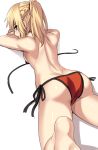  1girl ass bare_back bikini blonde_hair blush braid breasts fate/grand_order fate_(series) french_braid from_behind green_eyes long_hair looking_at_viewer lying mordred_(swimsuit_rider)_(fate) on_stomach parted_lips ponytail profile red_bikini saber_of_red shiseki_hirame side-tie_bikini small_breasts solo swimsuit untied untied_bikini 