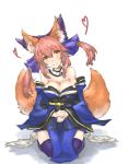  1girl animal_ears blue_legwear breasts cleavage detached_sleeves fate/extra fate/extra_ccc fate/grand_order fate_(series) fox_ears fox_tail hair_ribbon heart highres japanese_clothes large_breasts looking_at_viewer pink_hair ribbon riku_hamano simple_background sitting solo tail tamamo_(fate)_(all) tamamo_no_mae_(fate) wariza white_background yellow_eyes 