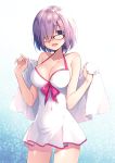  1girl :d bangs black-framed_eyewear blush breasts collarbone covered_navel cowboy_shot dress fate/grand_order fate_(series) hair_over_one_eye hands_up holding holding_towel large_breasts looking_at_viewer masuishi_kinoto open_mouth purple_hair shielder_(fate/grand_order) short_dress short_hair smile solo swimsuit tareme towel violet_eyes white_dress white_swimsuit 