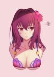  absurdres aira5 bikini breasts fate/grand_order fate_(series) flower hibiscus highres large_breasts long_hair looking_away purple_bikini purple_hair red_eyes scathach_(fate/grand_order) swimsuit upper_body 