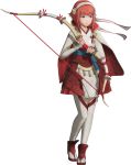  1girl armor bow bow_(weapon) breasts bridal_gauntlets cape capelet fire_emblem fire_emblem_if fire_emblem_musou full_body hairband highres holding holding_bow_(weapon) holding_weapon japanese_clothes lips looking_away medium_breasts official_art pink_hair red_eyes sakura_(fire_emblem_if) short_hair skirt solo standing thigh-highs transparent_background weapon white_legwear 