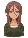  1girl ahagon_umiko blue_eyes brown_hair collarbone cropped_torse dark_skin green_shirt hair_between_eyes long_hair looking_at_viewer mugen_ouka new_game! shirt simple_background solo upper_body white_background 