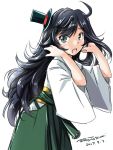  1girl 2017 ahoge alternate_hair_length alternate_hairstyle black_hair black_hat blue_eyes blush dated eyebrows_visible_through_hair from_side hands_in_hair hat japanese_clothes kantai_collection long_hair looking_at_viewer matsukaze_(kantai_collection) open_mouth sash shiny shiny_hair solo standing tatsumi_rei top_hat twitter_username upper_body wide_sleeves 