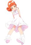  1girl bangs bare_arms bare_shoulders blunt_bangs bow character_request closed_mouth copyright_request dress frilled_dress frills full_body hair_bow highres orange_hair ribbon sekina shoes simple_background sleeveless sleeveless_dress smile socks solo standing white_background white_bow white_dress white_legwear white_ribbon white_shoes yellow_eyes 