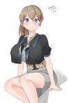  absurdres belt black_shirt blue_eyes breasts brown_hair cowboy_shot dated grey_neckerchief grey_skirt highres intrepid_(kancolle) kantai_collection large_breasts maru_(marg0613) multicolored_neckerchief neckerchief one-hour_drawing_challenge ponytail shirt short_hair simple_background sitting skirt twitter_username white_background 