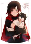 1girl belt black_hair cape corset dog gradient_hair grey_eyes highres isshiki_(ffmania7) long_sleeves looking_at_viewer multicolored_hair red_cape redhead ruby_rose rwby short_hair smile twitter_username two-tone_hair upper_body 