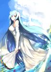  1girl blue_hair bouquet breasts bridal_gauntlets dress elbow_gloves fate/grand_order fate_(series) fingerless_gloves flower gloves hair_flower hair_ornament highres lancer_(fate/prototype_fragments) large_breasts long_hair looking_at_viewer ocean otsunabe_(naabe_delta) solo standing very_long_hair violet_eyes water wedding_dress white_dress 