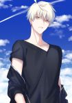  1boy ahoge artoria_pendragon_(all) blue_sky clouds dark_persona fate/grand_order fate/prototype fate/stay_night fate_(series) highres jacket looking_at_viewer male_focus off_shoulder parted_lips platinum_blonde saber_(fate/prototype) saber_alter seseragi_azuma shirt short_hair sky solo t-shirt upper_body yellow_eyes 