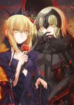  2girls armor armored_dress artoria_pendragon_(all) black_dress black_ribbon blonde_hair breasts breasts_apart chains choker collarbone cross_akiha dress eyebrows_visible_through_hair flower gauntlets hair_ornament hair_ribbon holding holding_flower holding_sword holding_weapon jeanne_alter looking_at_viewer medium_breasts multiple_girls petals red_flower ribbon ruler_(fate/apocrypha) saber_alter short_hair short_hair_with_long_locks sidelocks smile standing sword upper_body weapon yellow_eyes 