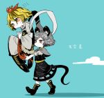  2girls :&gt; animal_ears bangs black_boots black_skirt blonde_hair blue_background blush boots capelet carrying closed_mouth commentary_request copyright_name eyebrows_visible_through_hair flying_sweatdrops full_body grey_hair hair_between_eyes interlocked_fingers long_sleeves mouse_ears mouse_tail multiple_girls nazrin own_hands_together red_eyes shawl short_hair short_sleeves skirt skirt_set sleeveless standing sweat tail toramaru_shou touhou walking white_skin yellow_eyes yt_(wai-tei) 