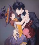  1boy 1girl alternate_costume black_eyes black_hair bow bowtie brown_hair cravat demon_horns dress eye_contact grey_background hat hat_ornament hetero highres holding_arm horns kougami_shin&#039;ya looking_at_another orange_bow orange_bowtie psycho-pass purple_dress red_eyes short_hair standing tongue tongue_out tsunemori_akane tuta vampire_costume witch_hat 