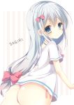  1girl ass blue_eyes blush bow character_name closed_mouth commentary_request eromanga_sensei eyebrows_visible_through_hair hair_between_eyes hair_bow highres izumi_sagiri lace lace-trimmed_panties long_hair looking_at_viewer looking_back low-tied_long_hair no_pants panties pink_bow pink_panties shiiba_nae shiny shiny_skin shirt short_sleeves side-tie_panties silver_hair solo striped tareme underwear vertical-striped_background vertical_stripes very_long_hair white_shirt 
