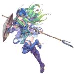  1girl armor belt blue_eyes boots breastplate detached_sleeves fire_emblem fire_emblem:_souen_no_kiseki fire_emblem_heroes full_body green_hair helmet holding holding_weapon knee_boots long_hair looking_at_viewer nephenee official_art one_leg_raised polearm shield skirt solo spear thigh-highs transparent_background weapon 