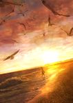  1girl bird flock highres kun52 ocean original outdoors sand scenery seagull shore silhouette solo standing summer sunlight sunset water waves 