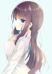  1girl :o bangs blue_eyes blunt_bangs blush breasts brown_hair cleavage dress_shirt eyebrows_visible_through_hair from_side large_breasts long_hair long_sleeves looking_at_viewer mole mole_on_breast new_game! parted_lips shiiba_nae shirt sidelocks simple_background solo takimoto_hifumi upper_body very_long_hair white_shirt wing_collar 