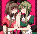  2girls apron bangs black_hat brown_hair commentary_request crazy_smile dress green_dress green_eyes green_hair green_nails hand_holding hat interlocked_fingers looking_at_viewer multiple_girls nail_polish nishida_satono open_mouth red_background red_dress red_eyes red_nails sakurame short_hair_with_long_locks teireida_mai touhou upper_body 