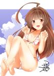  1girl ahoge artist_signature barefoot bikini blush breasts brown_eyes brown_hair collarbone commentary_request dog_tags fang kantai_collection kuma_(kantai_collection) long_hair looking_at_viewer side-tie_bikini sky smile swimsuit tagme yua_(checkmate) 