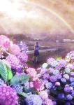  1girl black_hair flower full_body highres hydrangea kun52 landscape long_hair original rainbow school_uniform sky snail tree twintails umbrella 