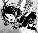  2girls asymmetrical_wings bare_arms bow dress fangs fifiruu futatsuiwa_mamizou greyscale houjuu_nue monochrome multiple_girls open_mouth outdoors pointy_ears shoe_bow shoes short_dress short_sleeves smile solo_focus thigh-highs touhou wings 