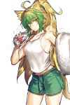  animal_ears archer_of_red armpit_peek bangs bare_arms bare_shoulders blonde_hair bottle breasts cowboy_shot eyebrows_visible_through_hair fate/apocrypha fate/grand_order fate_(series) green_eyes green_hair green_shorts gym_shorts hair_between_eyes highres large_breasts leonidas_(fate/grand_order) long_hair looking_at_viewer melon22 milk milk_bottle multicolored_hair ponytail scrunchie shirt shorts simple_background sleeveless sleeveless_shirt solo standing sweat tail towel two-tone_hair very_long_hair white_background white_shirt 