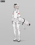  1girl astronaut astronaut_helmet bangs boots brown_eyes closed_mouth full_body gloves grey_background jetpack looking_at_viewer neco sidelocks simple_background solo spacesuit standing white_gloves white_hair 