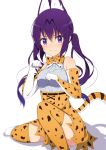  1girl 3: absurdres animal_ears bangs bare_shoulders belt blush bow bowtie breasts buttons closed_mouth commentary_request cosplay elbow_gloves eyebrows_visible_through_hair gloves gochuumon_wa_usagi_desu_ka? hair_between_eyes highres kemono_friends long_hair looking_at_viewer medium_breasts mottsun_(i_40y) purple_hair serval_(kemono_friends) serval_(kemono_friends)_(cosplay) serval_ears serval_print serval_tail shadow shirt sidelocks sitting skirt sleeveless sleeveless_shirt solo tail tedeza_rize thigh-highs twintails very_long_hair violet_eyes wavy_mouth white_background white_shirt zettai_ryouiki 