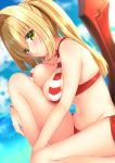  1girl absurdres aestus_estus bikini blonde_hair blue_sky breast_press breasts closed_mouth clouds day earrings eyebrows_visible_through_hair fate/grand_order fate_(series) green_eyes highres jewelry jiiwara large_breasts long_hair looking_at_viewer navel nero_claudius_(swimsuit_caster)_(fate) saber_extra sitting sky smile solo striped striped_bikini swimsuit sword twintails weapon 