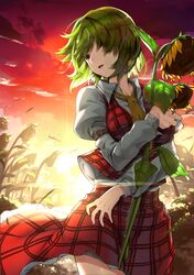  1girl arm_belt ascot breasts cowboy_shot flower green_hair hair_over_one_eye highres holding holding_flower juliet_sleeves kazami_yuuka large_breasts long_sleeves looking_afar miniskirt plaid plaid_skirt plaid_vest puffy_sleeves red_eyes red_skirt red_sky red_vest short_hair skirt skirt_set sky solo sukocchi sunflower sunset touhou vest wing_collar 