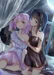  2girls akemi_homura black_hair blush choker curtains dango_(dangowalolicon) full_moon highres kaname_madoka kneeling long_hair looking_at_viewer mahou_shoujo_madoka_magica moon multiple_girls nightgown off_shoulder one_eye_closed pink_choker pink_eyes pink_hair red_ribbon ribbon saliva short_hair side_ponytail skyline smile violet_eyes window yuri 