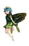  1girl antennae bare_arms bare_legs barefoot blue_hair brown_eyes butterfly_wings dress eternity_larva fingernails full_body green_dress highres ichi_ran leaf leaf_on_head looking_at_viewer short_dress short_hair smile solo toenails touhou transparent_background wings 