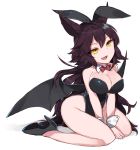  1girl absurdres animal_ears bat_wings black_hair black_leotard bow bowtie breasts bunny_tail bunnysuit character_request cleavage detached_collar full_body highres leotard long_hair medium_breasts mikomo0106 phantasy_star phantasy_star_online_2 rabbit_ears red_bow red_bowtie simple_background sitting slit_pupils solo strapless strapless_leotard tail wariza white_background wings wrist_cuffs yellow_eyes 